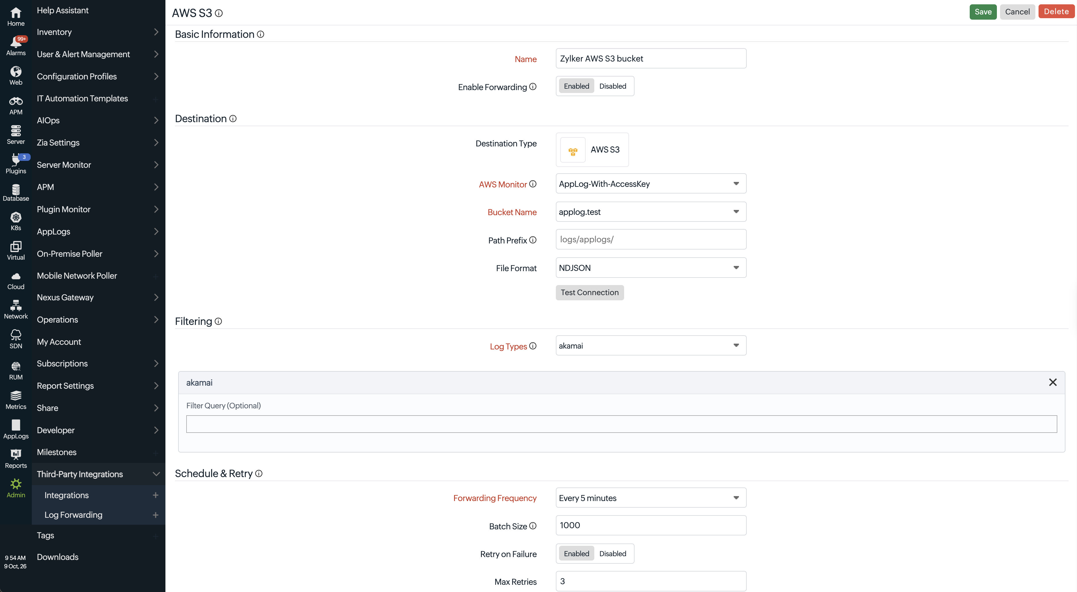 AWS S3 log forwarding configuration