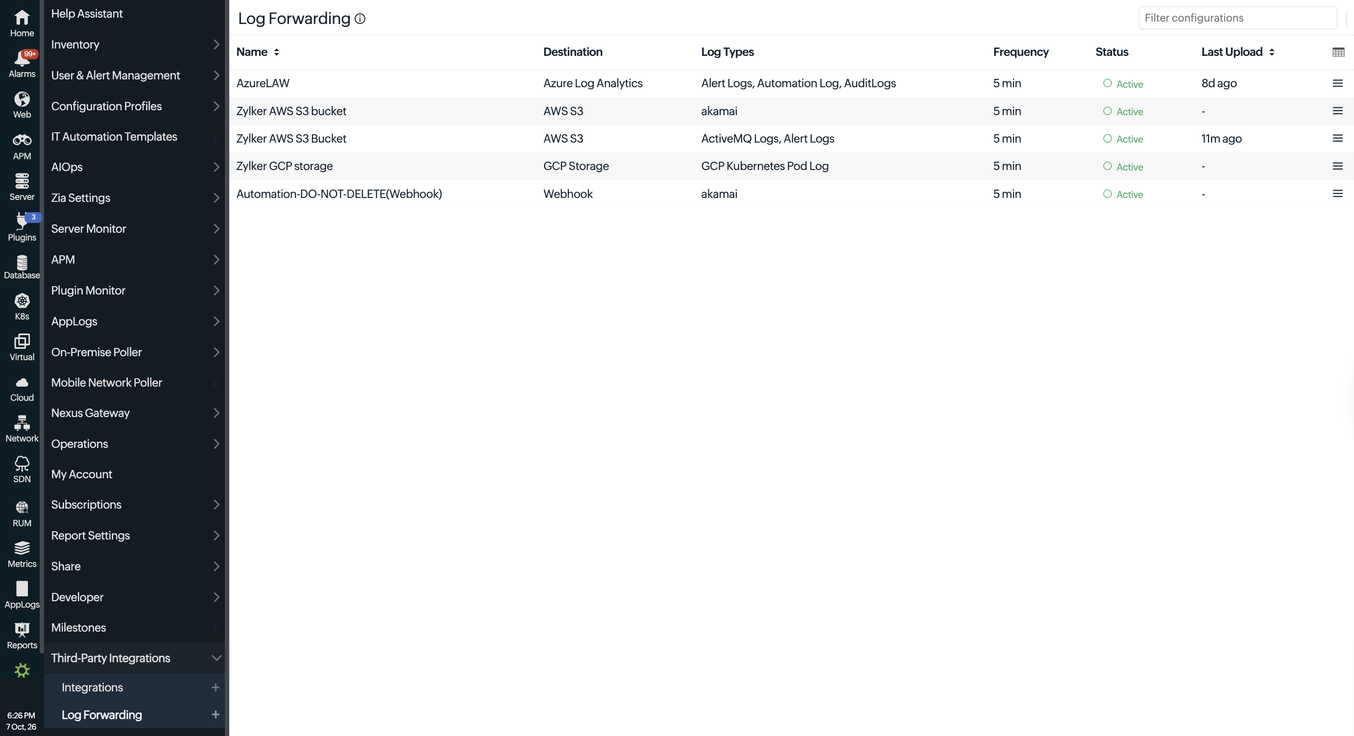 Log forwarding configurations listing page