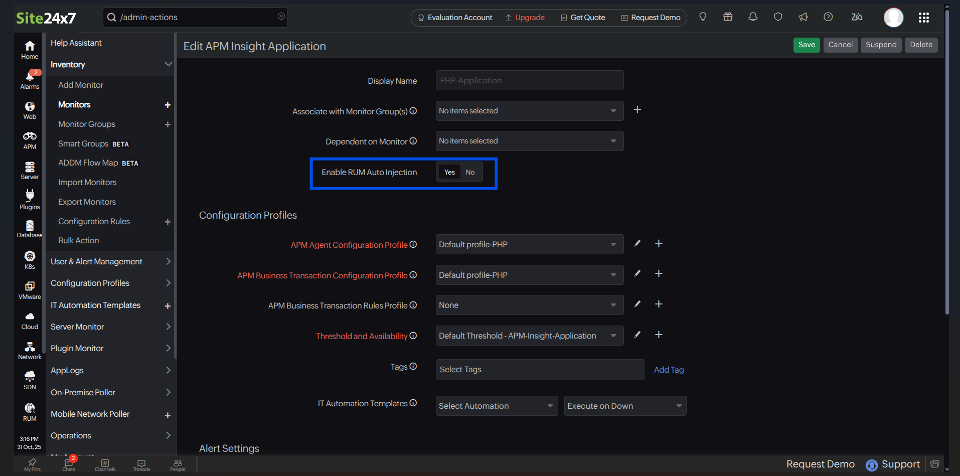 Enable Auto RUM Injection checkbox