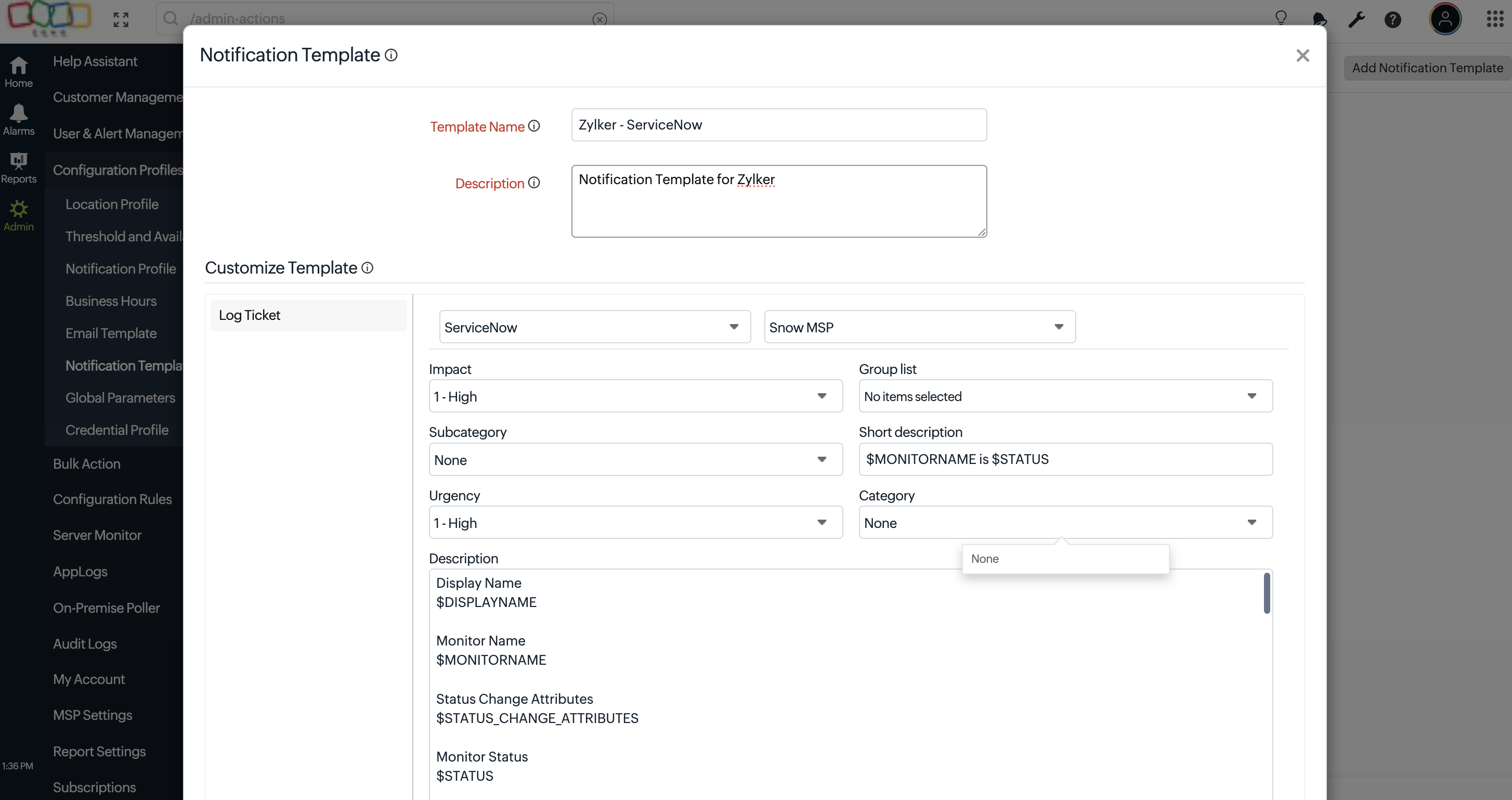 MSP Add Notification Template